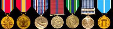 WWII Victory Medal; National Defense Medal; American Campaign Medal; Marine Good Conduct Medal; Korean Defense Service Medal; United Nations Service Medal/Korea; Korean Service Medal